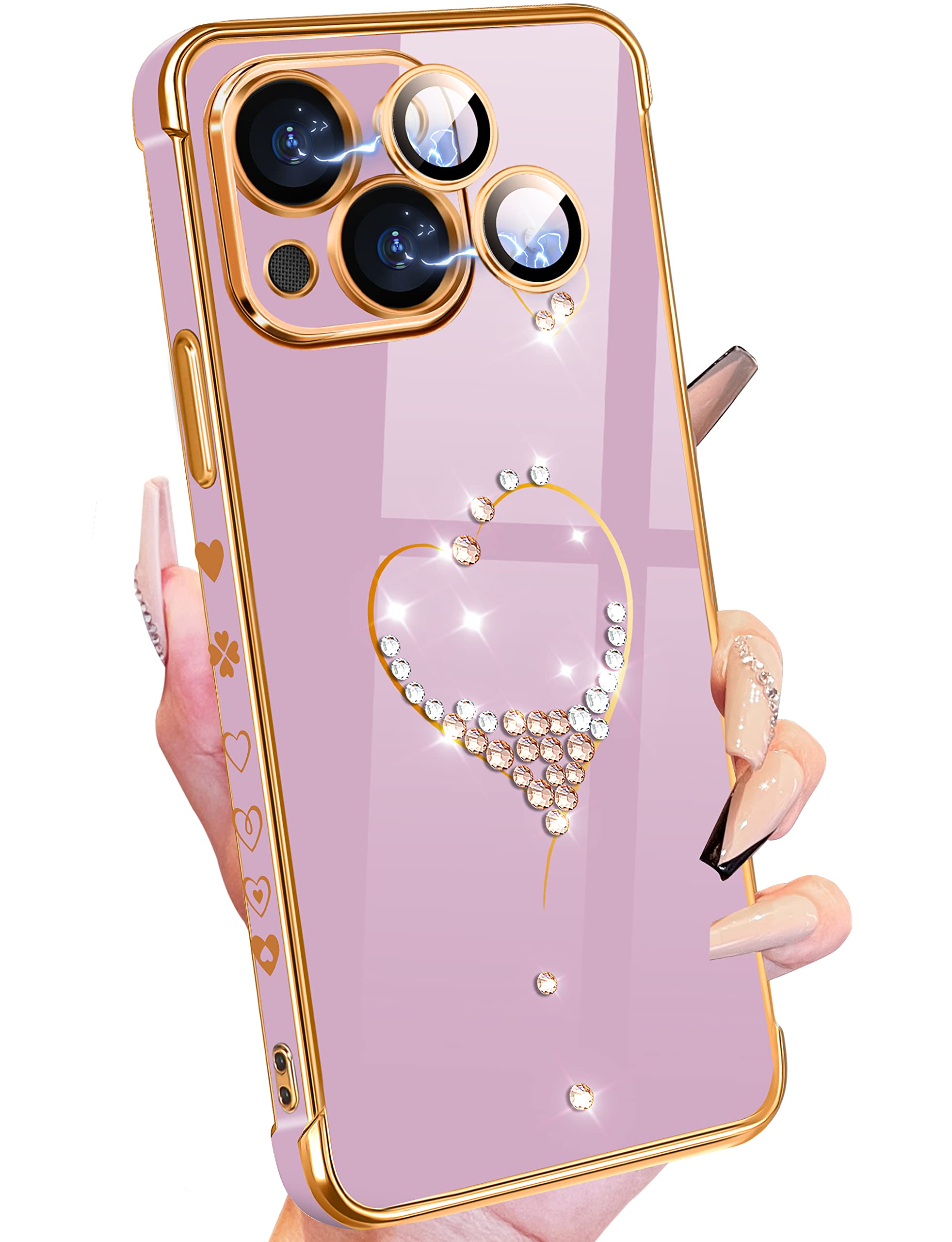 Petitian For Iphone 14 Plus Case, Cute Women Girls Bling Glitter Love Heart Designed For Iphone 14 Plus Phone Cases, Girly Gold